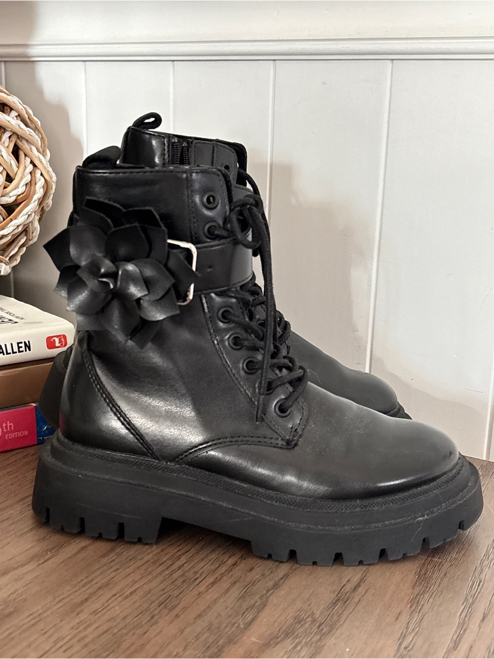 Zara Kids Black Floral Chunky Combat Boots Girl US Size 1 or EU 32